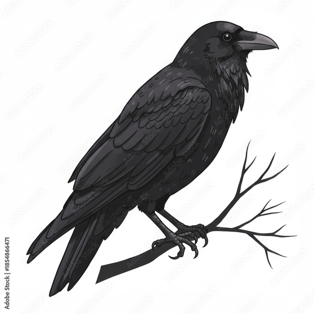 Fototapeta premium Pixelated Raven Perched on a Branch Against White Background Art Design