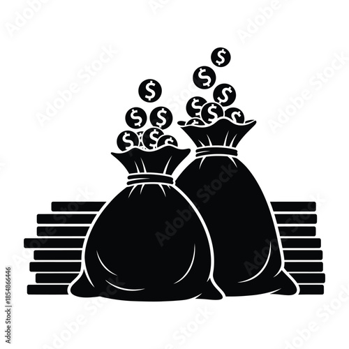 Bags overflowing with money and dollar signs stacked with gold bars silhouette