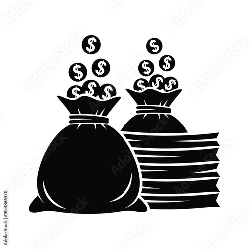 Two bags overflowing with money and a stack of cash a striking silhouette