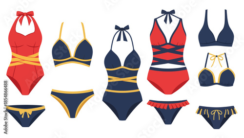 Collection of stylish swimwear for women, including bikinis and swimsuits, perfect for beach and pool days