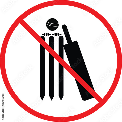no Cricket bat ball stump bails icon. Cricket bat and ball prohibition symbols. No sports play graphic design. Game restriction and safety signs