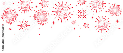 Elegant red fireworks burst and sparkling stars on clean white background, festive celebration illustration for New Year, holiday party, greeting card, luxury event design, minimalist style vector.