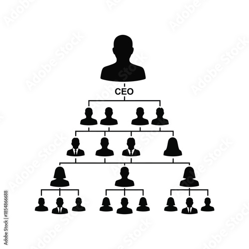 Corporate hierarchy diagram with a ceo and team members shown in a dark silhouette