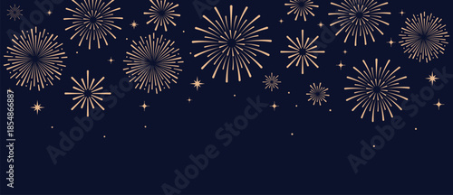 Elegant gold fireworks burst and sparkling stars on clean blue background, festive celebration illustration for New Year, holiday party, greeting card, luxury event design, minimalist style vector.