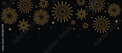 Elegant gold fireworks burst and sparkling stars on clean black background, festive celebration illustration for New Year, holiday party, greeting card, luxury event design, minimalist style vector.