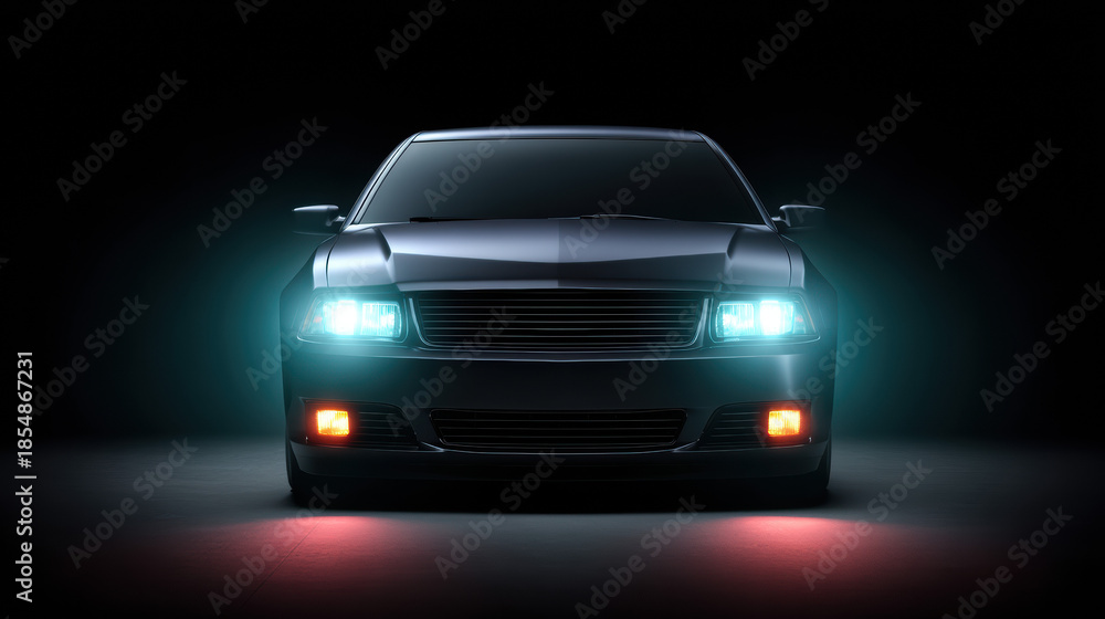 Fototapeta premium A sleek black sports car is dramatically illuminated with bright blue headlights and red running lights against a dark and mysterious background in this shot.