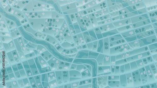 Top view teal city map pattern with winding river and building blocks. Detailed urban cartography background. Vector illustration.