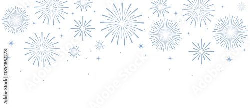 Elegant blue fireworks burst and sparkling stars on clean white background, festive celebration illustration for New Year, holiday party, greeting card, luxury event design, minimalist style vector.