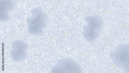 street network and yellow location markers. Blue urban geography plan with terrain features. Vector illustration.