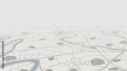 Perspective city map landscape with rivers and parks in soft tones.