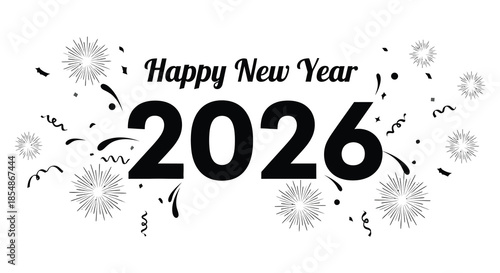 Festive new year greeting with bold typography and celebratory firework and confetti elements