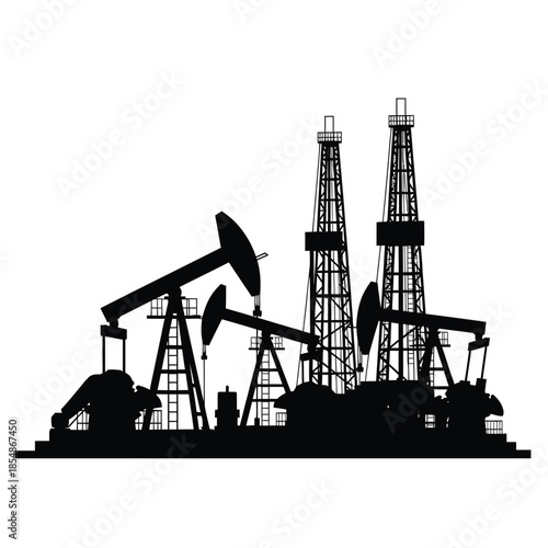 Oil industry infrastructure including pumpjacks and derricks depicted as a striking silhouette