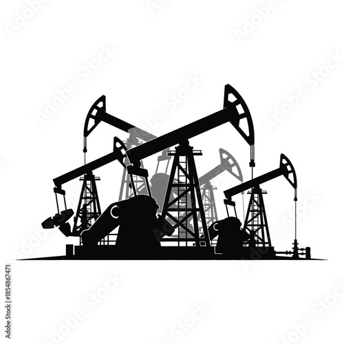 Oil pumps in a field industrial machinery energy production black and white silhouette