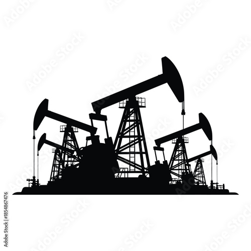Oil pumps in a field industrial machinery black and white energy production silhouette
