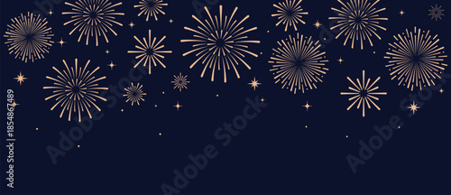 Elegant gold fireworks burst and sparkling stars on clean blue background, festive celebration illustration for New Year, holiday party, greeting card, luxury event design, minimalist style vector.