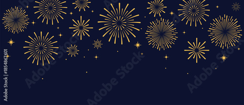 Elegant gold fireworks burst and sparkling stars on clean blue background, festive celebration illustration for New Year, holiday party, greeting card, luxury event design, minimalist style vector.