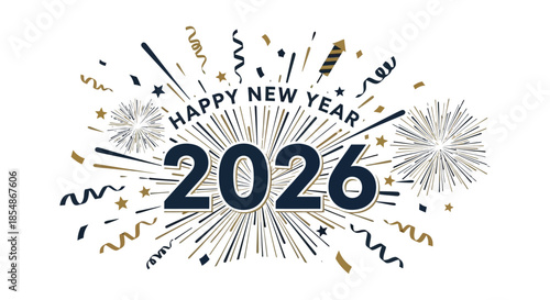 A celebratory depiction of the year 2026 with fireworks confetti and festive new year greetings