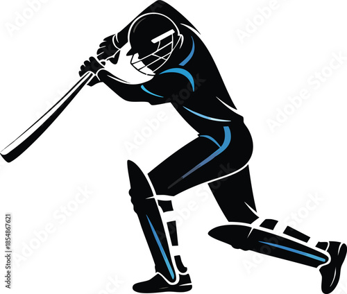 Silhouette of a cricket batsman in action preparing to hit the ball