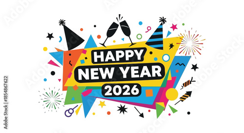A vibrant new year celebration design featuring confetti fireworks champagne glasses and a party hat