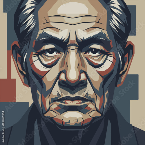 Stylized Portrait of Elderly Man with Glasses and White Hair.