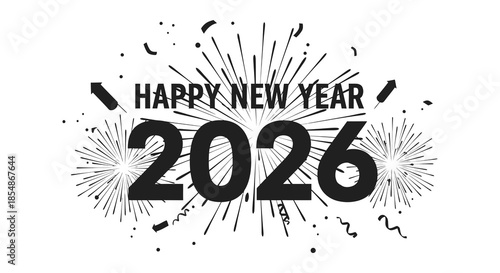A festive new year celebration graphic with fireworks confetti and the year 2026 displayed prominently