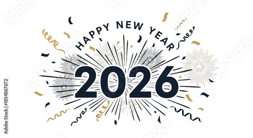Celebratory new year design featuring golden fireworks confetti and a prominent display of the year 2026