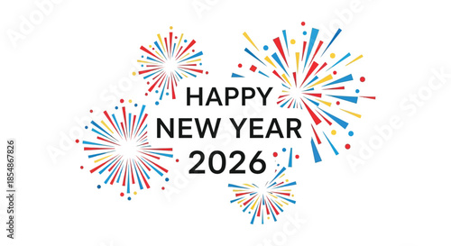 Festive new year celebration design featuring colorful fireworks and the year 2026 in text
