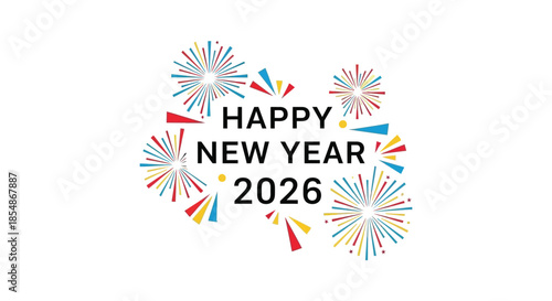 A vibrant new year celebration graphic featuring colorful fireworks and the year 2026