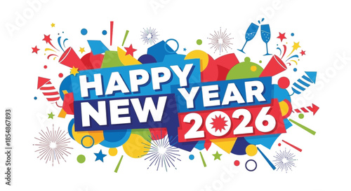 A vibrant and colorful new year celebration illustration with fireworks confetti and celebratory drinks