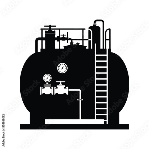 Industrial storage tank with gauges valves and ladder a detailed black silhouette