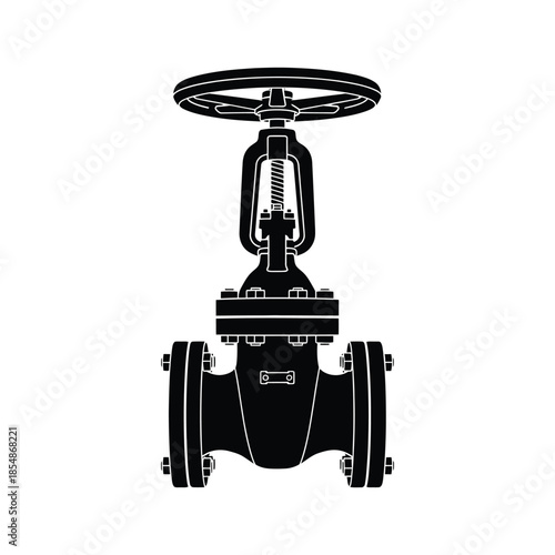 Detailed illustration of an industrial valve component in a stark black silhouette