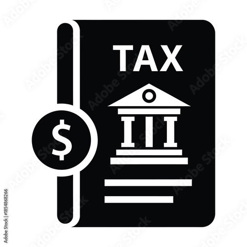 Tax Filing Icon: A monochrome icon of a tax form is accompanied by a coin, representing financial matters.