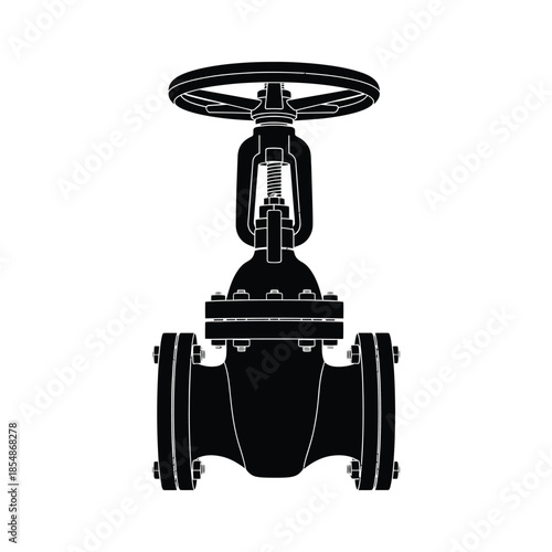 Detailed illustration of an industrial gate valve component in a striking black silhouette