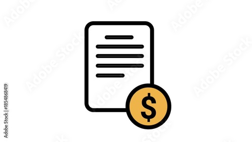 Animated document with a dollar coin icon. Use for invoice, financial reports, billing statement, or tax documentation graphic.