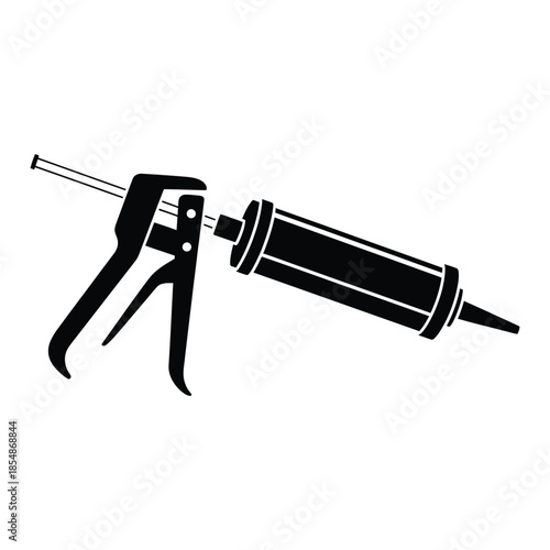 A black and white illustration of a caulking gun clearly defined silhouette