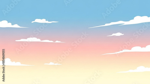 Serene sunrise sky with scattered white clouds on a warm gradient background of blue, pink, yellow hues