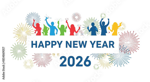 Celebrating the arrival of two thousand and twenty six with joyous silhouettes and vibrant firework displays