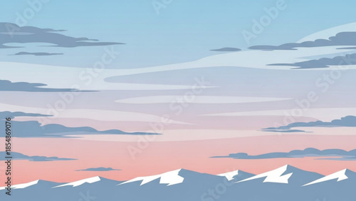Serene mountain landscape with snow capped peaks under pink and blue pastel sunset sky with clouds