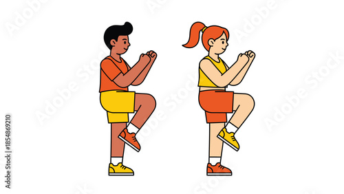 Active Kids Exercising Together Boy and Girl Doing High Knees Workout Outdoors Healthy Lifestyle Fitness Illustration