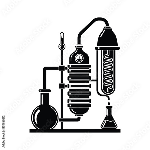 Vintage alchemy equipment illustration featuring a distillation apparatus in black silhouette