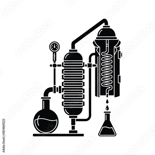 Detailed illustration of a complex distillation apparatus presented as a striking silhouette