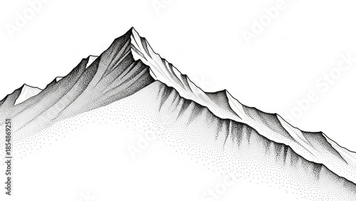 Detailed illustration of a mountain range with sharp peaks and shading on a white background, landscape and nature concept