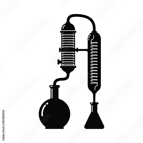 Detailed illustration of a classic alchemy still apparatus in a dark silhouette