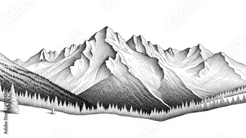 Detailed black and white mountain range landscape with trees and forest, realistic illustration, scenic view, natural beauty, serene atmosphere