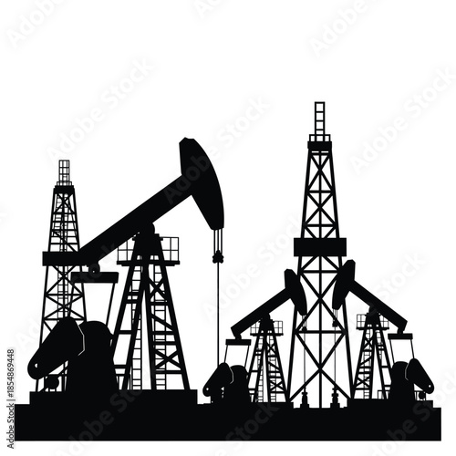Industrial landscape featuring oil rigs and pumping jacks in stark black silhouette