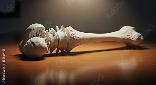3d printed bone model lying on wooden table under dim light