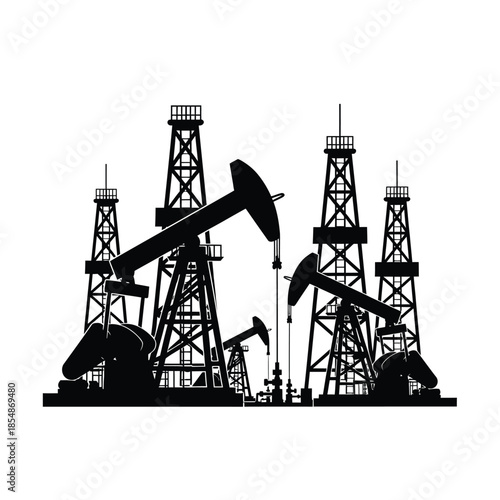 Black and white image of oil rigs and pumps industrial landscape silhouette