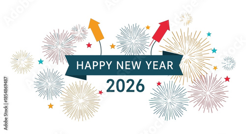 A cheerful illustration of new year fireworks with a ribbon banner wishing a happy 2026