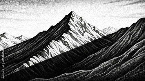 Snowy Mountain Peak Illustration in Black and White Stippling Style