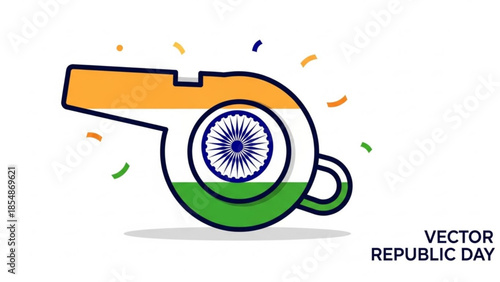 Indian republic day celebration vector graphic with a whistle in the colors of the indian flag and confetti on a white background